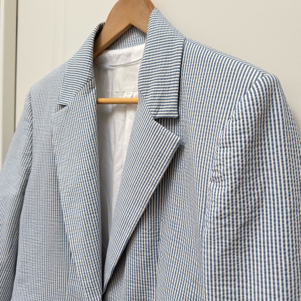 Zara Seersucker Blazer Blue and White Size M - Picture 5 of 9